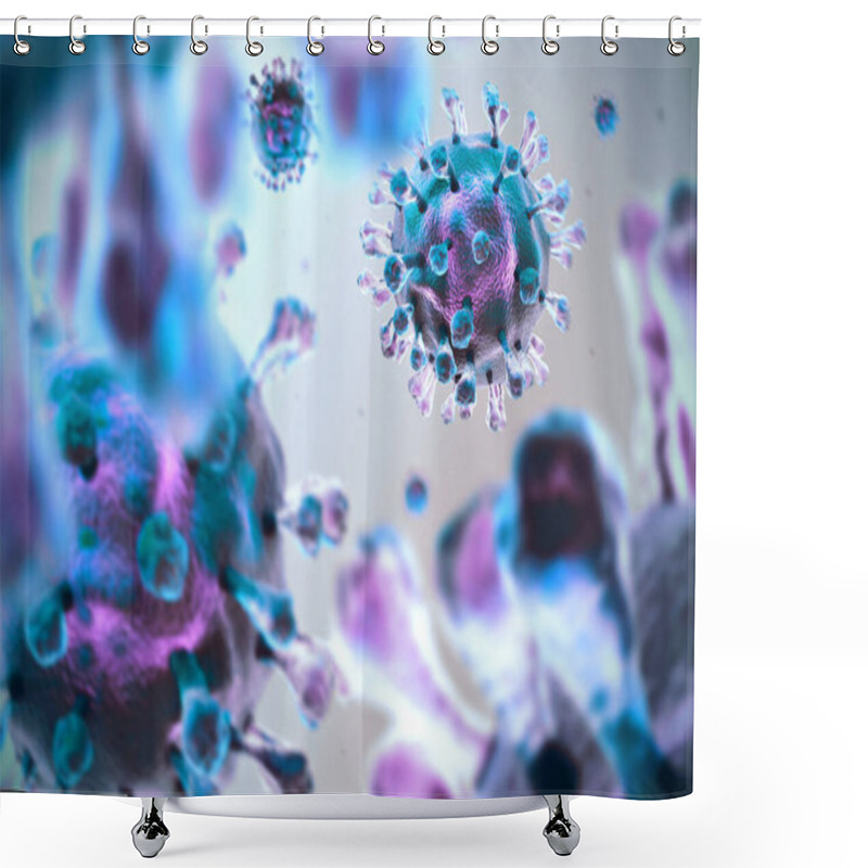 Personality  Coronavirus COVID-19 Pathogen Under Microscope. Medical Illustration. 3D Render. Shower Curtains