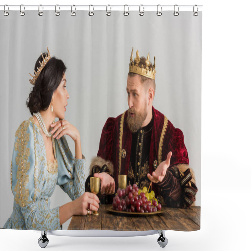 Personality  Queen And King With Crowns Sitting At Table And Talking Isolated On Grey Shower Curtains