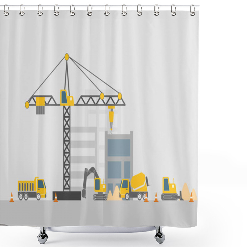 Personality  Construction Site With Construction Machines, Flat Design, Vector Illustration Shower Curtains