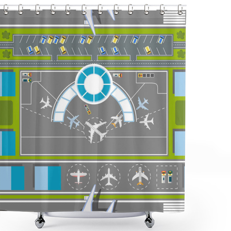 Personality  Airport Runway Top View - Flat Cartoon Shot Of Airplane Landing And Lift Off Shower Curtains