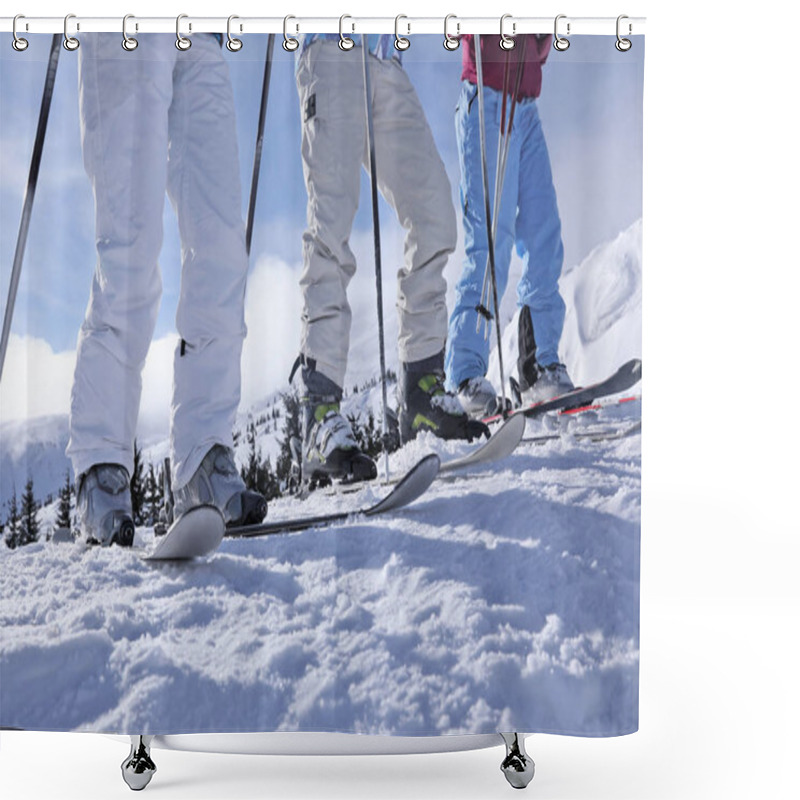 Personality  Friends On Ski Piste At Snowy Resort. Winter Vacation Shower Curtains