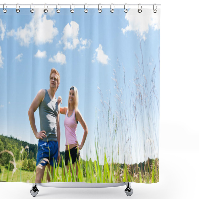 Personality  Sportive Happy Couple In Meadows Sunny Day Shower Curtains