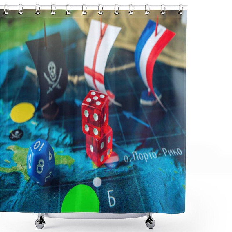 Personality  Red Playing Bones On The World Map Of The Field Handmade Board Games With A Pirate Ship Shower Curtains