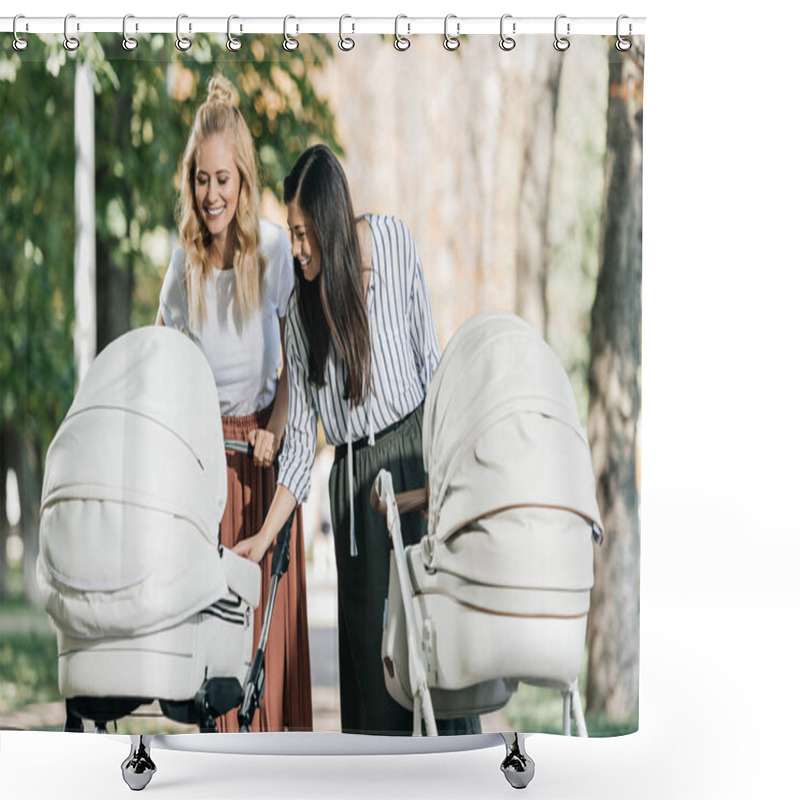 Personality  Smiling Mothers Looking In Baby Stroller In Park Shower Curtains