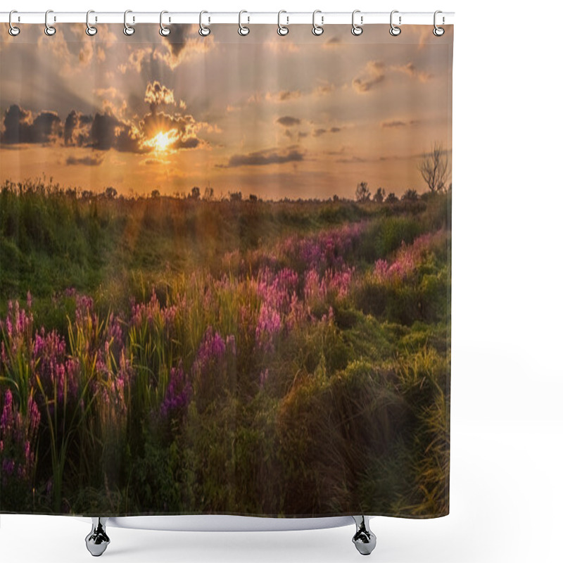 Personality  Landscape, Sunny Dawn, Sunrays In Fog Shower Curtains