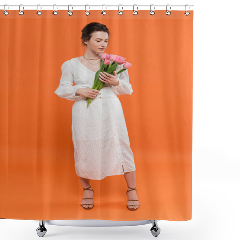 Personality  Bouquet Of Flowers, Young Woman In White Sun Dress Holding Tulips And Standing On Orange Background, Stylish Posing, Lady In White, Vibrant Background, Fashion, Summer, Full Length  Shower Curtains