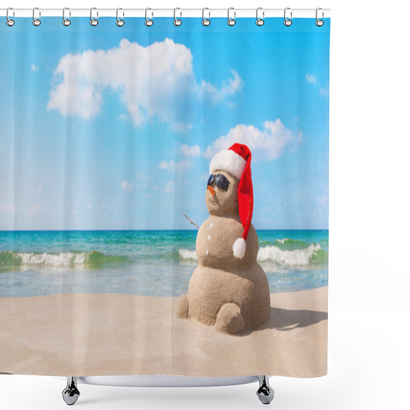 Personality  Christmas Snowman In Santa Hat At Sandy Beach Shower Curtains