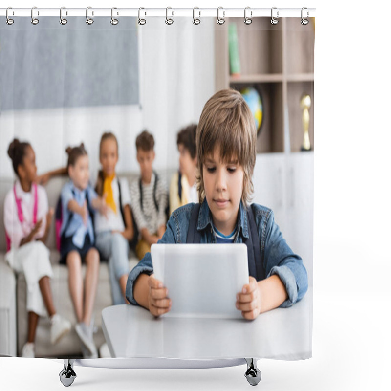 Personality  Selective Focus Of Schoolboy Holding Digital Tablet At Desk With Multicultural Friends At Background  Shower Curtains