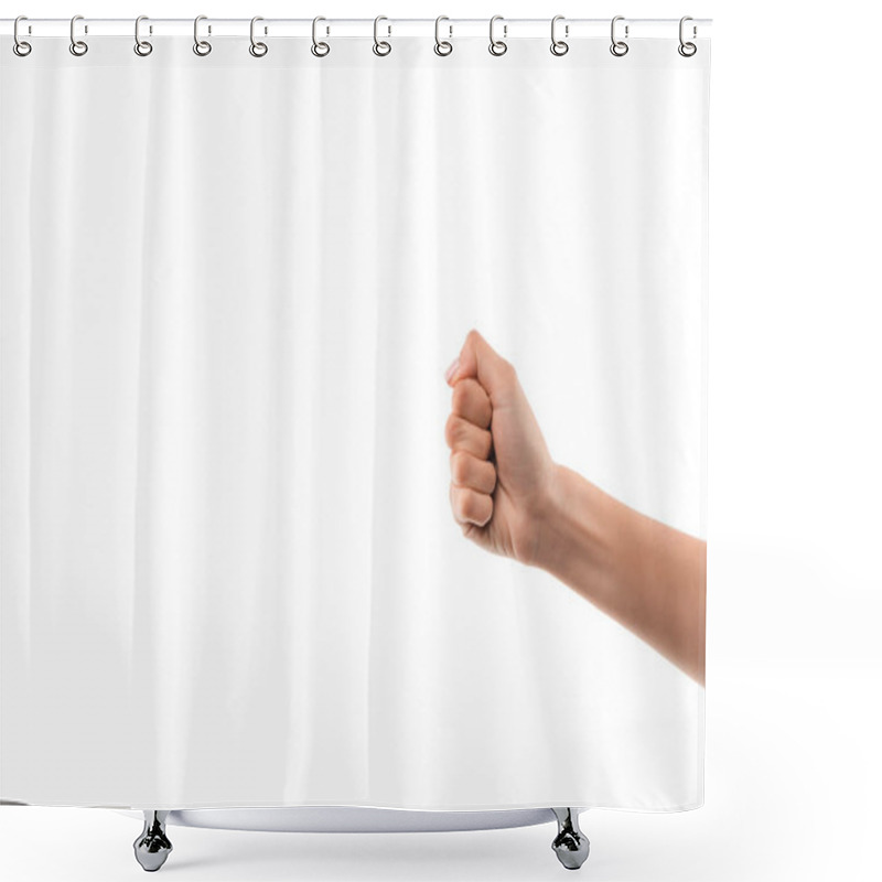 Personality  Cropped View Of Woman Showing Fist Isolated On White  Shower Curtains