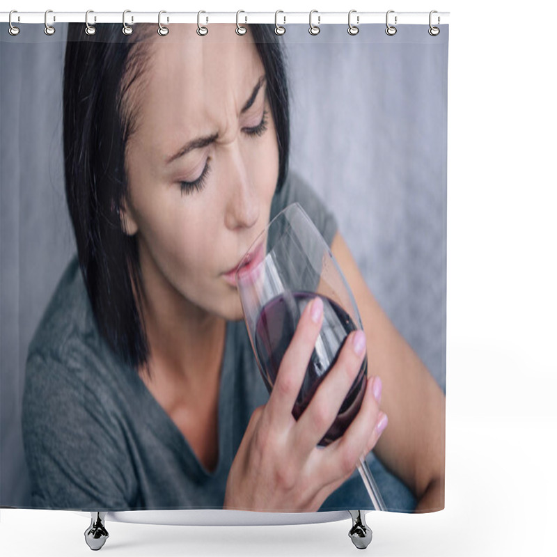 Personality  Lonely Upset Woman Drinking Wine At Home Shower Curtains