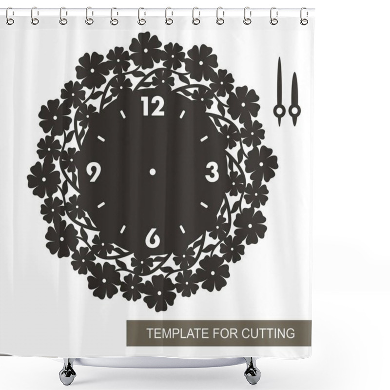 Personality  Openwork Dial With Arrows And Arabic Numerals. Silhouette Of Clock With Camomiles And Leaves On White Background. Decor For Home. Template For Laser Cutting, Wood Carving, Paper Cut And Printing. Shower Curtains