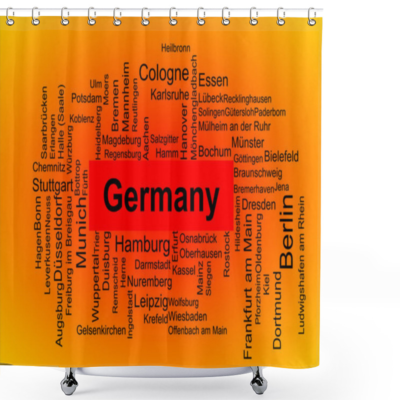 Personality  Tagcloud Of Cities In Germany Ordered By Its' Population. Every Second City Is Written Vertically. There Are Cities Like Berlin, Munich, Cologne, Essen, Hamburg, And Leipzig. Shower Curtains