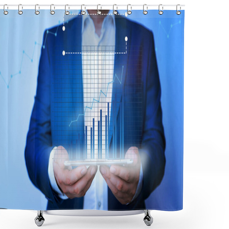 Personality  Man Smartphone Illustrating Ascending Trends Performance Bar Graph Increasing Annual Profits. Showing Upward Growth Escalating Movement Rising Financial Stock Chart Status Report. Shower Curtains