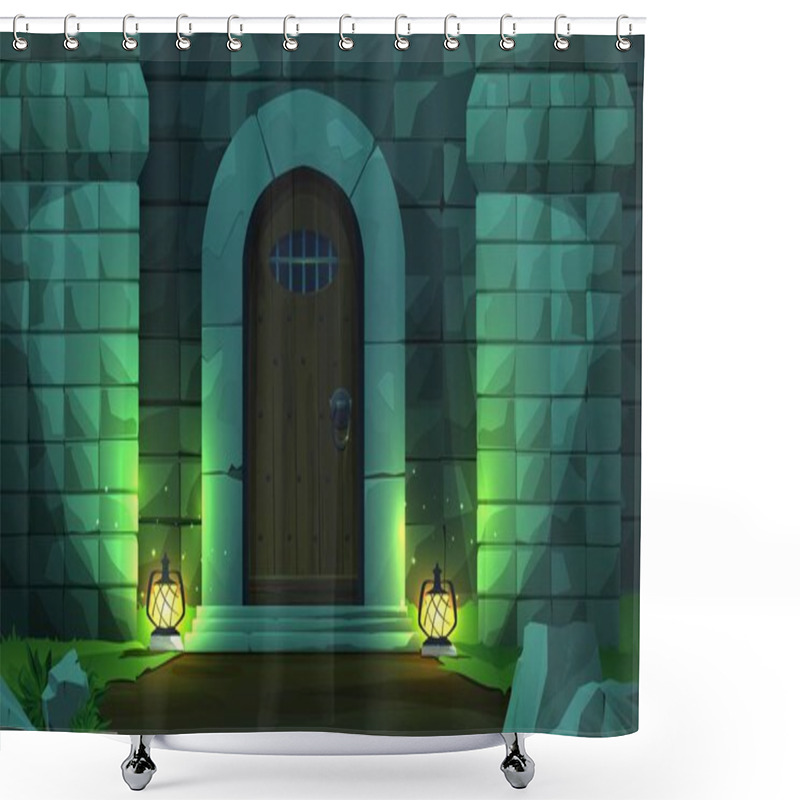 Personality  Wooden Ancient Medieval Castle Door With Brick Wall, Stones And Two Street Lights. Night Scene. Cartoon Vector Illustration For 2d Game. Shower Curtains