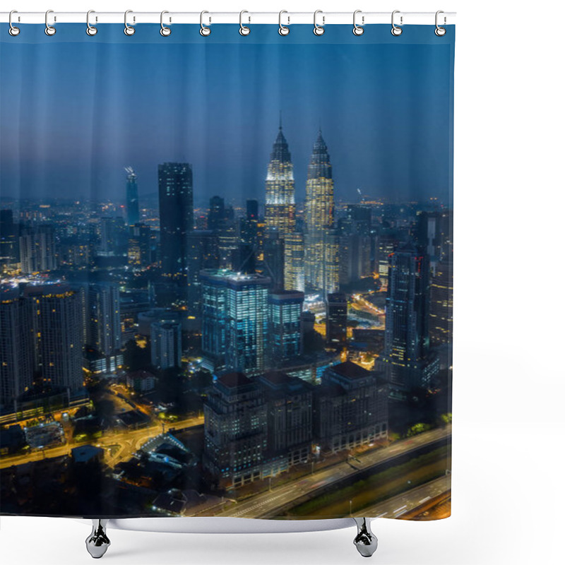 Personality  Kuala Lumpur Night Cityscape Skyline With Illuminated Highway Flyover Road, Aerial View Angle From Drone Shower Curtains