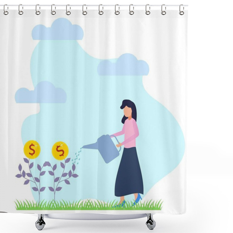 Personality  Vector Illustration. Women Businessmen Watering Flowers That Bear Coins, Design A Composition Of Creative Analysis Solutions Of The Market. Professional Development Of Entrepreneurs Shower Curtains