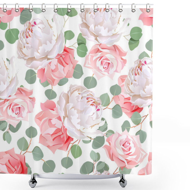 Personality  Pink Roses, Carnation, Peony And Eucaliptus Leaves Seamless Vect Shower Curtains