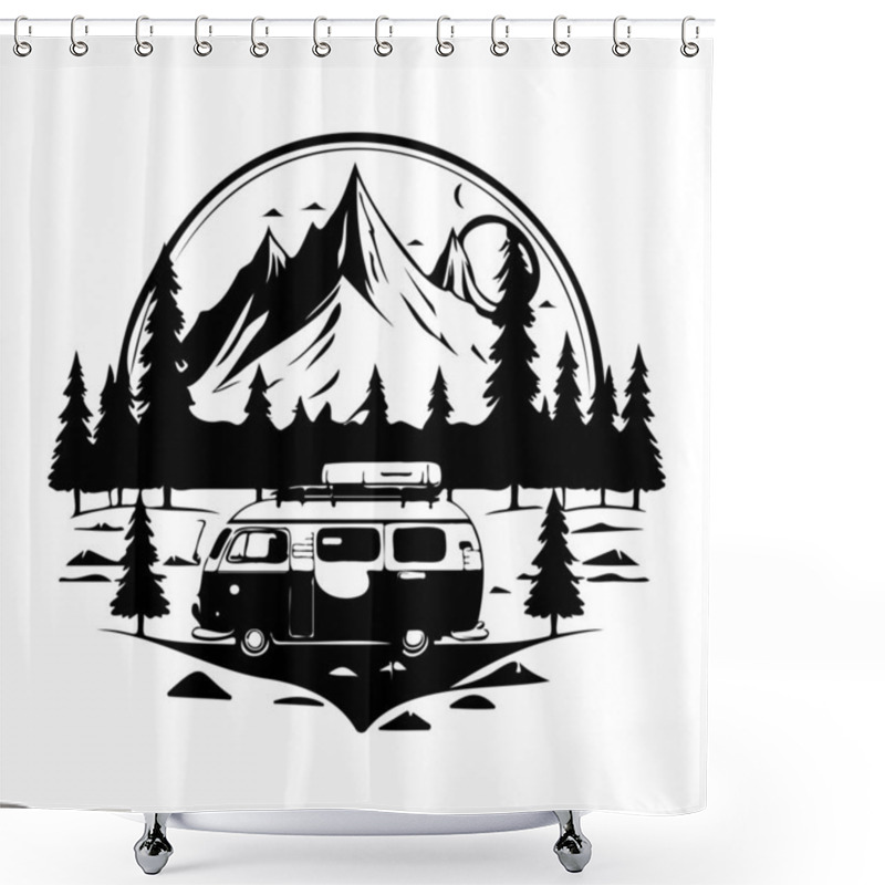 Personality  Camper Camp Camping Site With Mountains And Tree, Camping In The Woods, Campsite With Trailer Landscape In Retro Style Shower Curtains