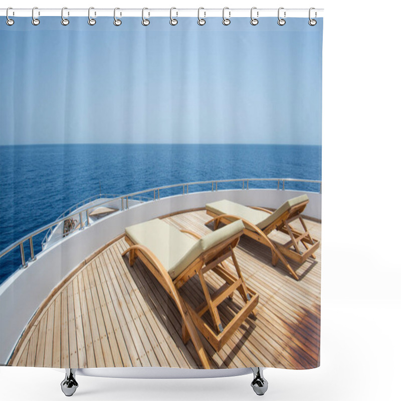 Personality  Teak Bow Sundeck Of A Large Luxury Motor Yacht Out At Sea With Sunbeds And A Tropical Ocean View Background Shower Curtains