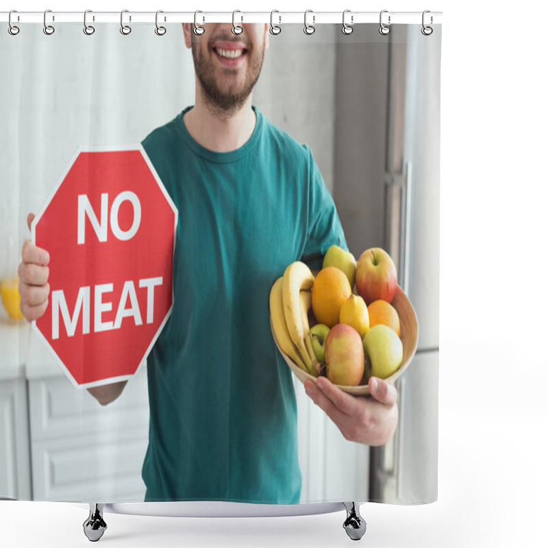 Personality  Partial View Of Smiling Man Holding No Meat Sign And Bowl With Fresh Fruits, Vegan Lifestyle Concept Shower Curtains