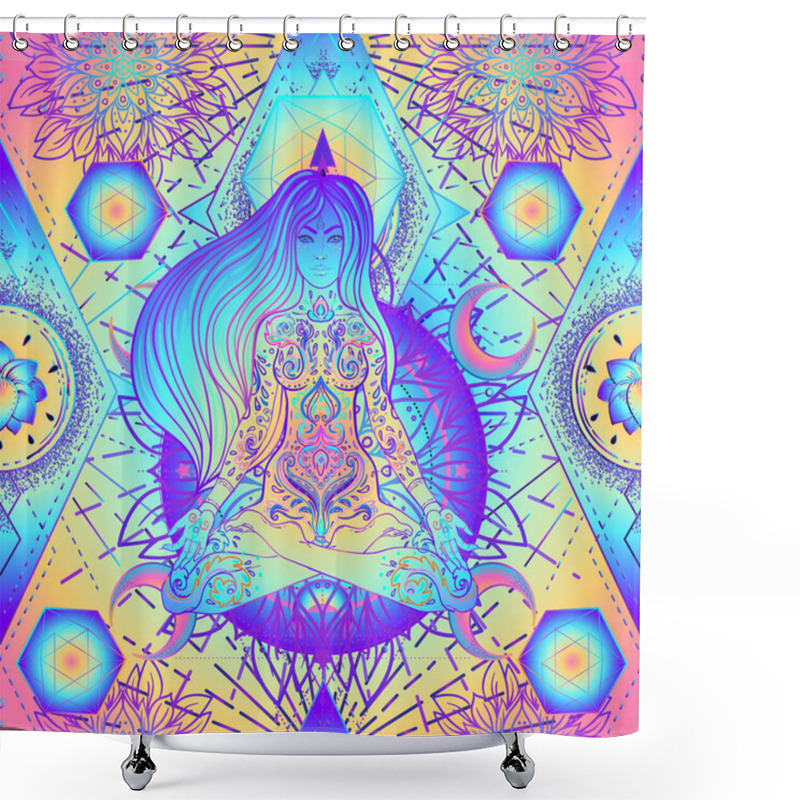 Personality  Psychedelic Seamless Pattern With Magic Girl Sitting And Meditation In Lotus Position Over Geometry. Vector Repeating Illustration. Psychedelic Concept. Esoteric Art. Shower Curtains