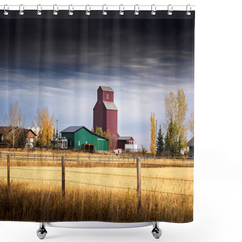 Personality  Grain Elevator Standing Tall In A Farmyard On The Alberta Prairies Under A Dramatic Sky And Barbed Wire Fence. Shower Curtains