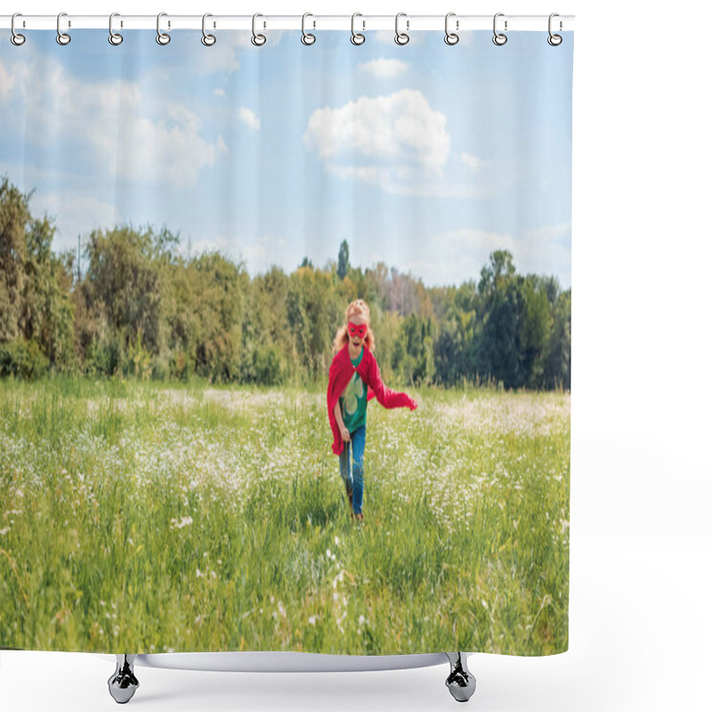 Personality  Little Kid In Red Superhero Costume Running In Meadow On Summer Day Shower Curtains