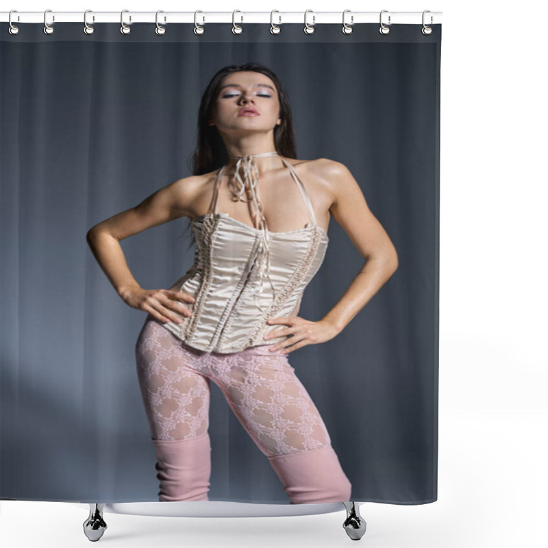 Personality  A Young Woman With Wet Hair Strikes A Pose In A Stylish Corset. Shower Curtains