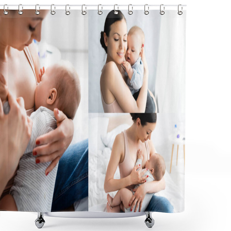 Personality  Collage Of Happy Mother Breastfeeding And Hugging Baby Boy  Shower Curtains