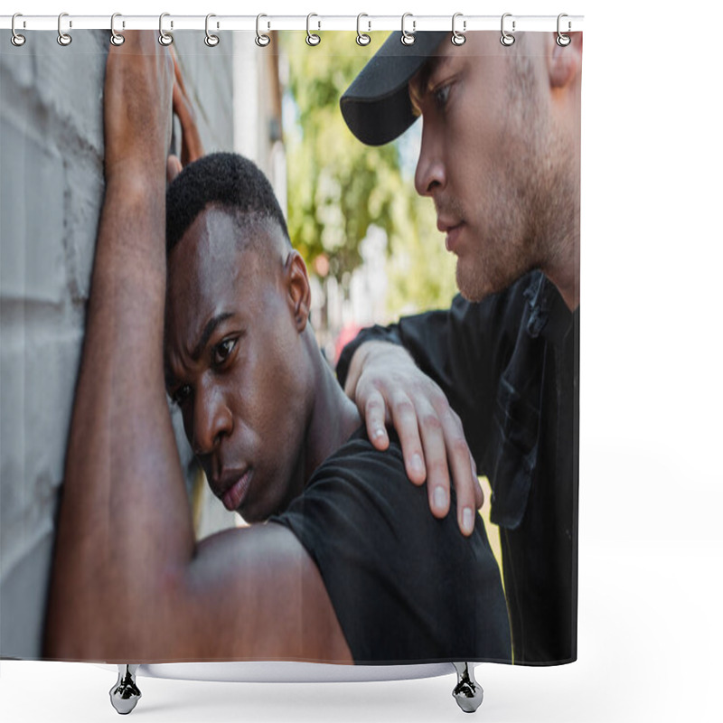 Personality  Selective Focus Of Policeman In Cap Detaining African American Man On Street, Racism Concept  Shower Curtains