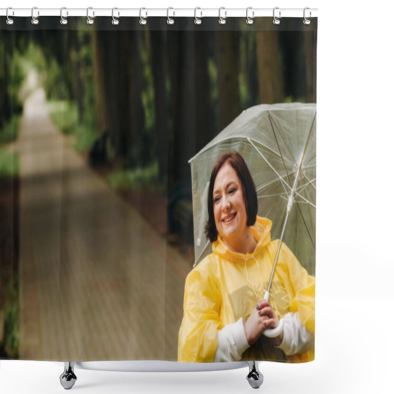 Personality  A Woman In A Yellow Raincoat And An Umbrella Walks In The Park And Garden In Summer. Shower Curtains