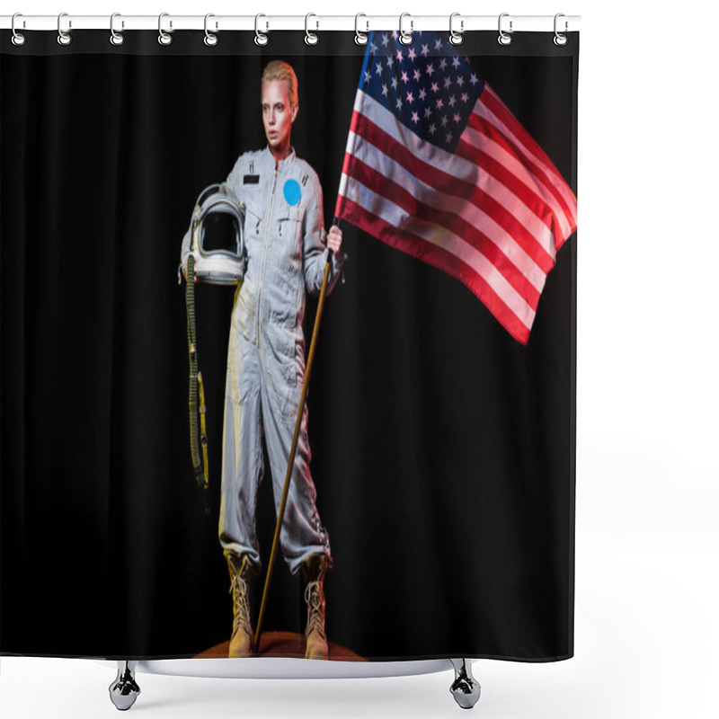 Personality  Spacewoman In Spacesuit Holding Helmet And American Flag On Mars Shower Curtains