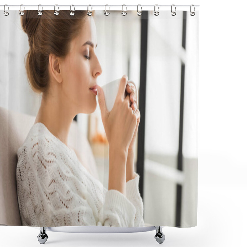 Personality  Side View Of Attractive Woman In White Sweater Holding Cup  Shower Curtains