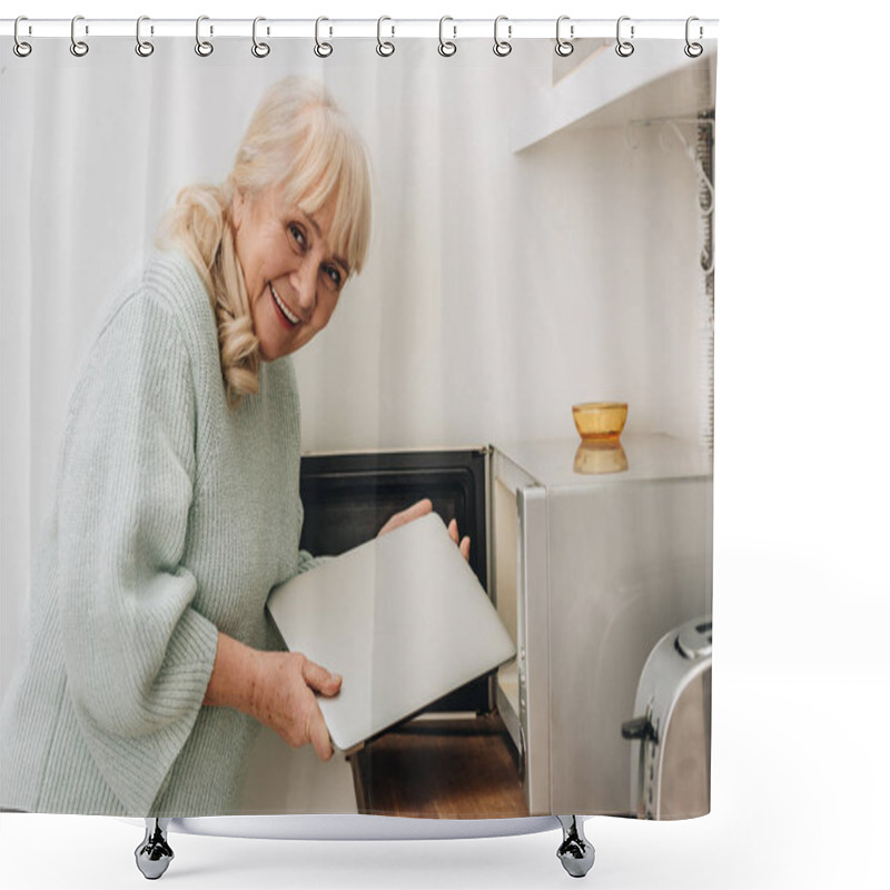 Personality  Cheerful Senior Woman With Dementia Disease Putting Laptop In Microwave Oven Shower Curtains