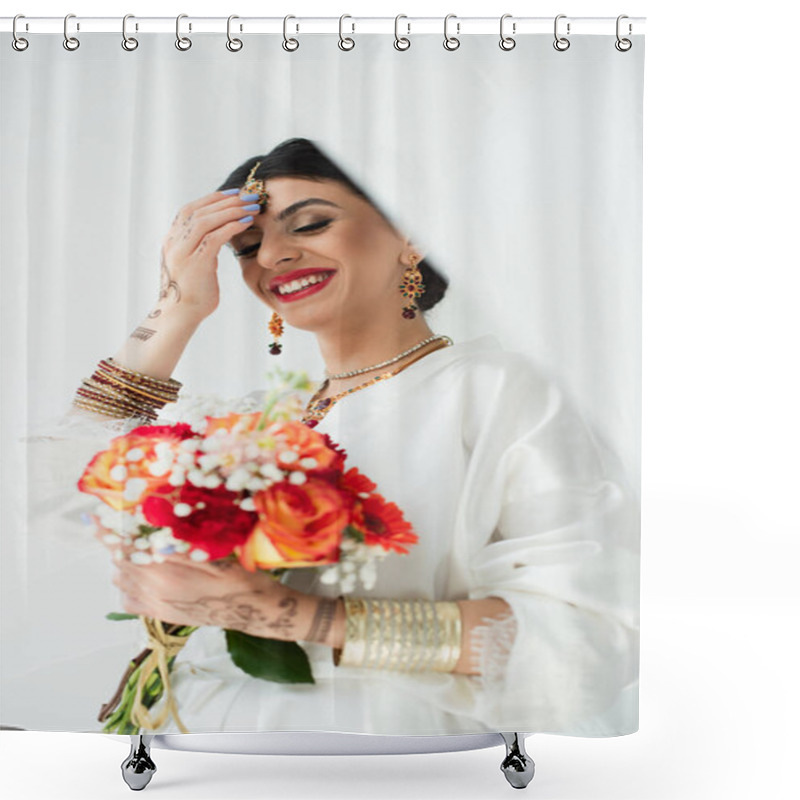 Personality  Young Positive Indian Bride With Mehndi Holding Bouquet Of Flowers On White Shower Curtains