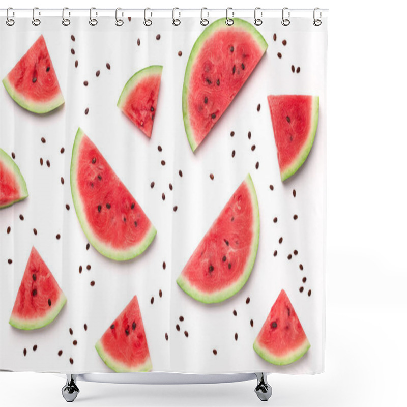 Personality  Sliced Watermelon And Seeds On White Background Shower Curtains