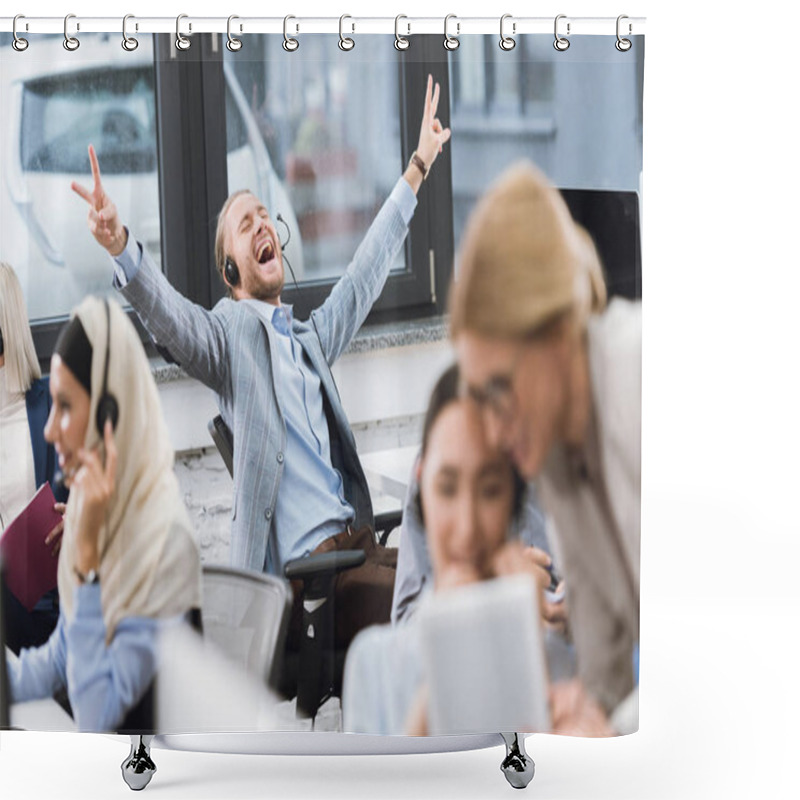 Personality  Happy Businessman At Workplace Shower Curtains