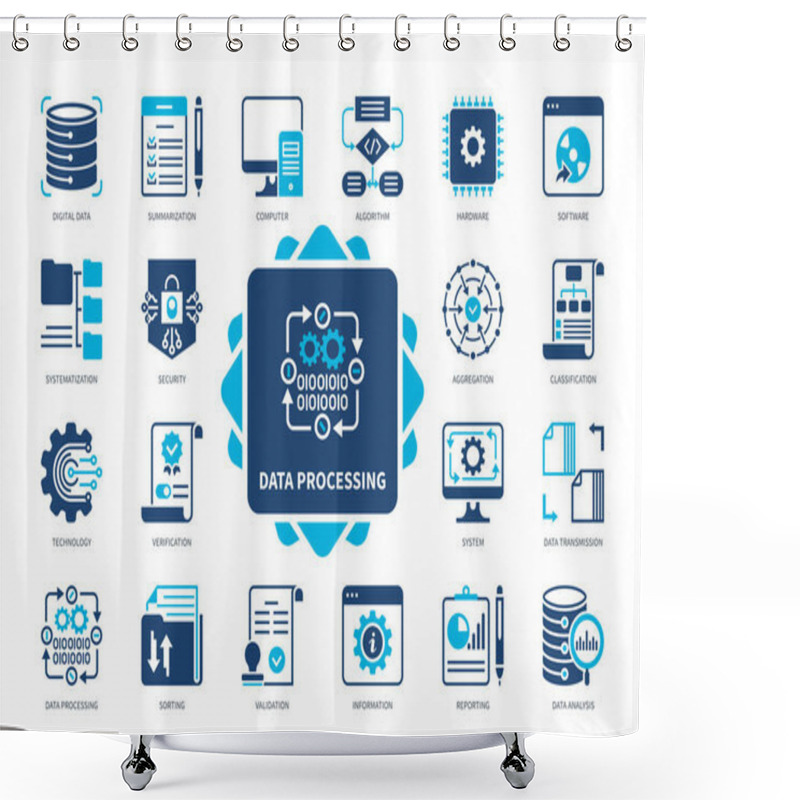 Personality  Data Processing Icon Set. Data, Validation, Aggregation, Summarisation, Data Analysis, Classification, Verification, Reporting. Duotone Color Solid Icons Shower Curtains