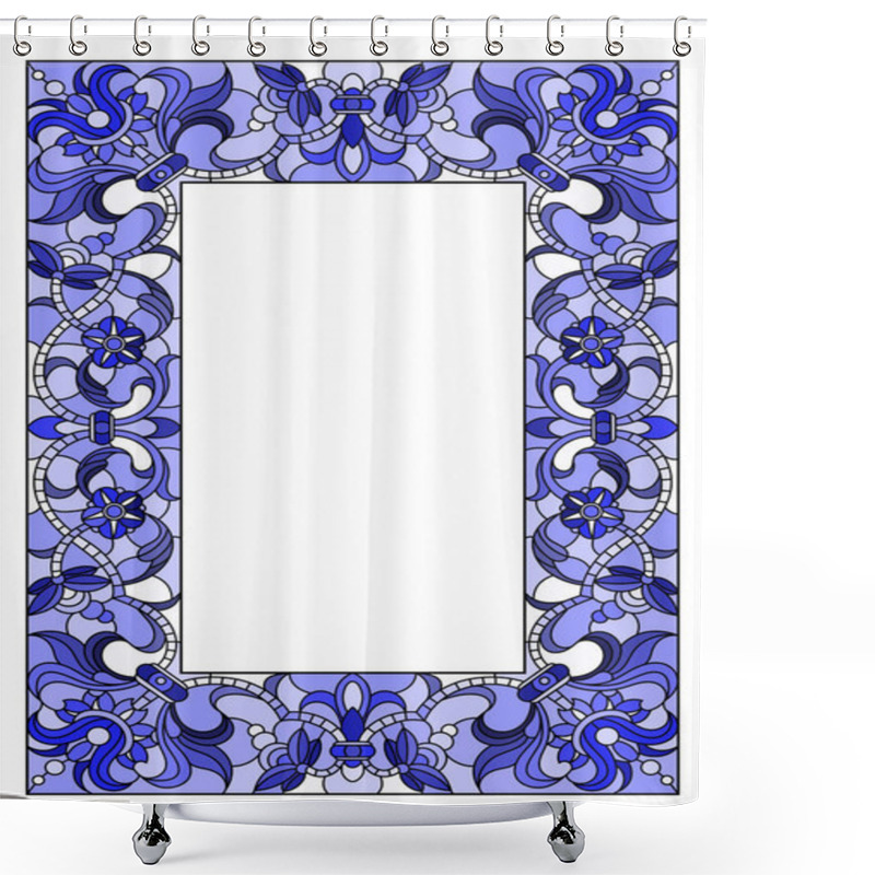 Personality  Illustration In Stained Glass Style Flower Frame,  Flowers And  Leaves In Frame, Tone Blue  Shower Curtains