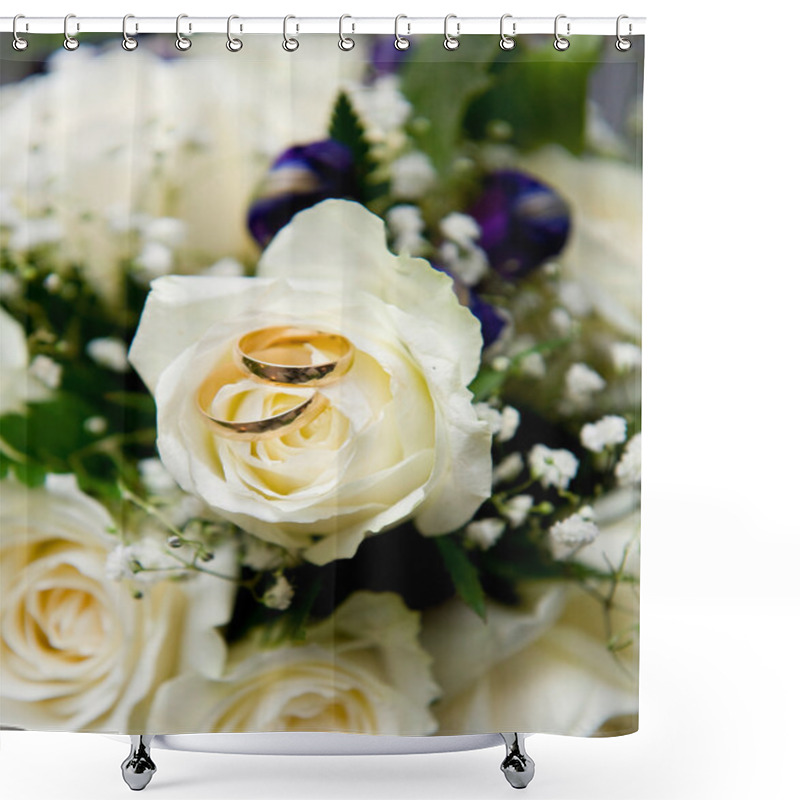 Personality  Wedding Rings With White Rose Shower Curtains