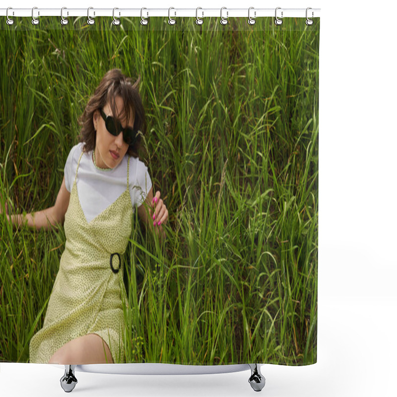 Personality  High Angle View Of Fashionable Brunette Woman In Sunglasses And Sundress Touching Green Grass While Relaxing, Peaceful Retreat And Relaxing In Nature Concept, Rural Landscape Shower Curtains