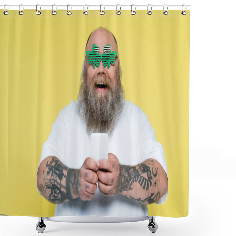 Personality  Amazed Plus Size Man In Clover-shaped Glasses Chatting On Smartphone Isolated On Yellow Shower Curtains