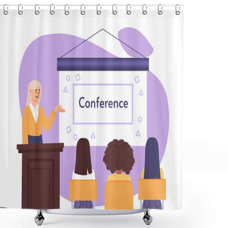 Personality  Woman At Conference Concept. Young Girl Near Slide At Public Speaking And Performance. Orator With Audience. Business Or Scientific Presentation And Seminar. Cartoon Flat Vector Illustration Shower Curtains