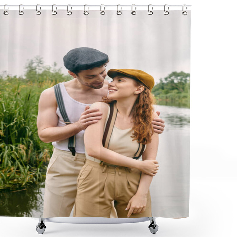 Personality  A Man And Woman Enjoy A Romantic Evening Together By A Peaceful Lake In A Green Park. Shower Curtains