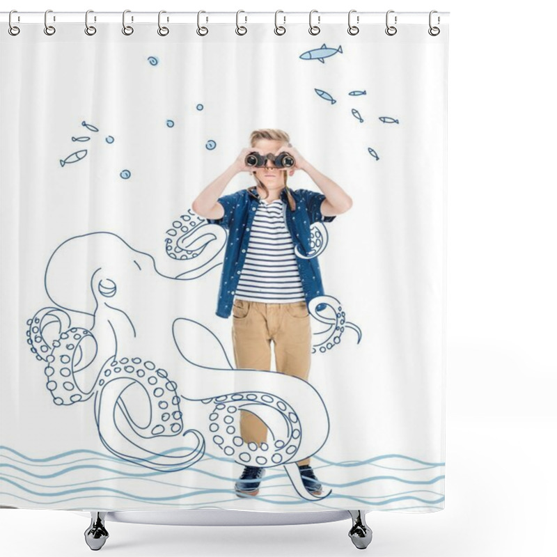 Personality  Boy Holding Binoculars Shower Curtains