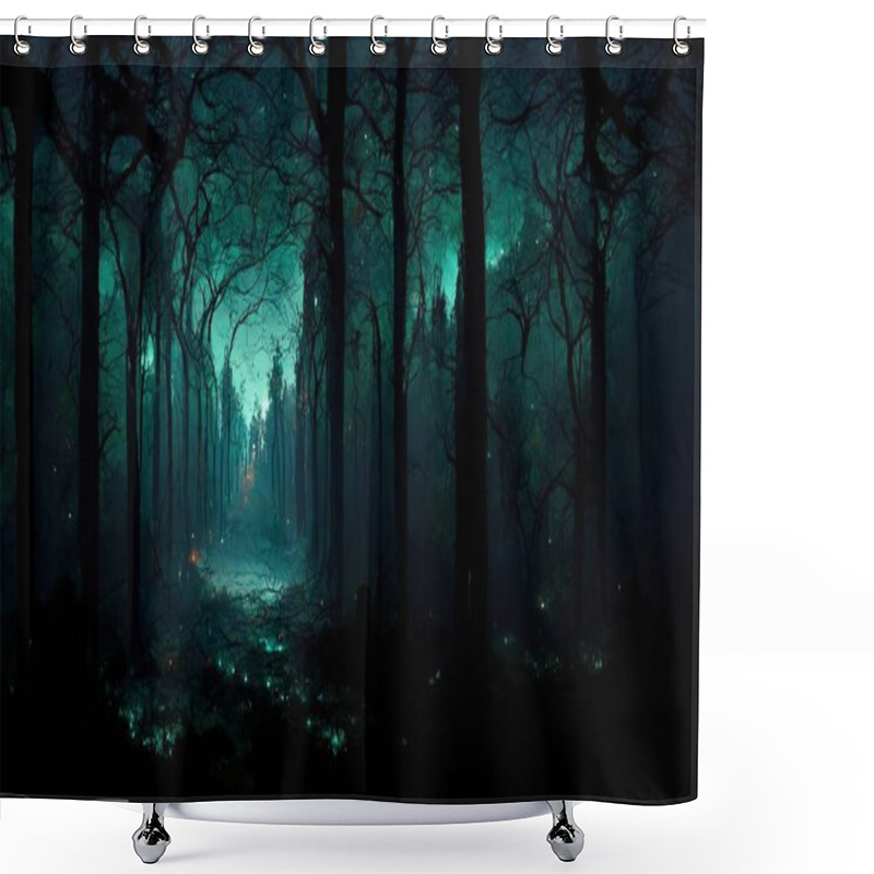 Personality  Realistic Haunted Forest Creepy Landscape At Night. Fantasy Halloween Forest Background. Surreal Mysterious Atmospheric Woods Design Backdrop. Digital Art. Shower Curtains