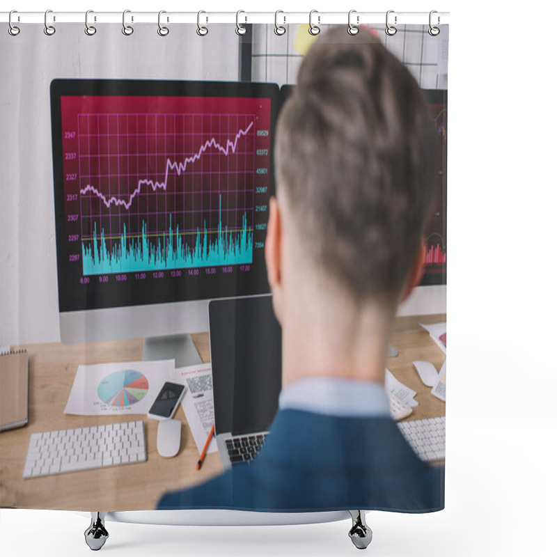 Personality  Back View Of Data Analyst Sitting At Table With Computers And Papers With Charts In Office Shower Curtains