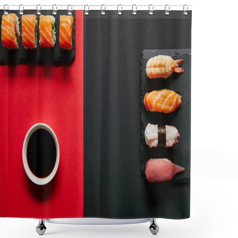 Personality  Flat Lay With Soya Sauce In Bowl, Sushi Sets On Black Slate Plates On Red And Black Background Shower Curtains