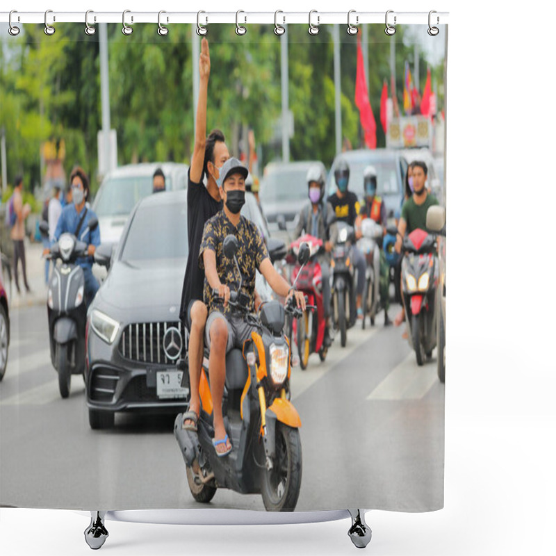 Personality  Nakhonratchasima, Thailand - July 23, 2021 : Car Mob Street Of Thailand People Took To The Streets To Protest Against The Military Coup Protesters To Show Symbolic Gestures At Democracy. Shower Curtains