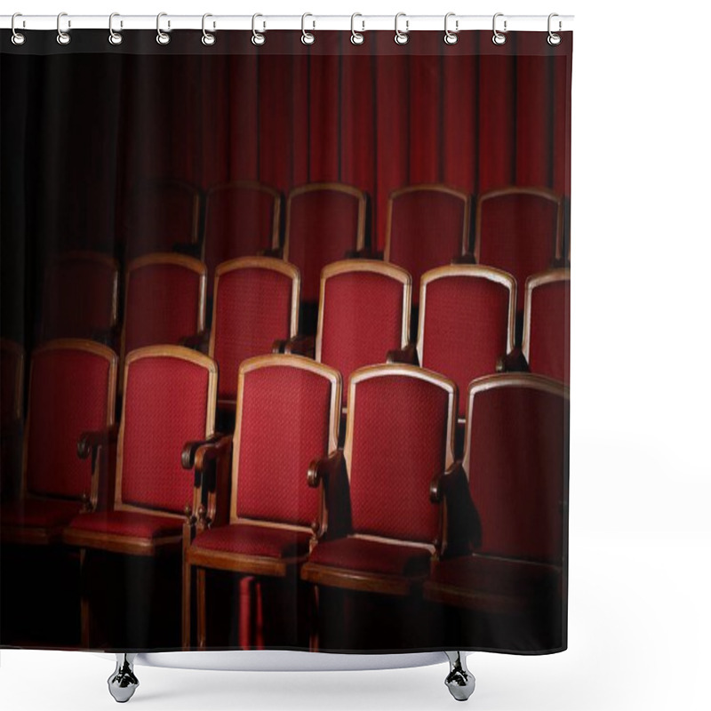 Personality  Rows Of Empty Red Velvet Seats In A Darkened Movie Theater, Anticipation Hangs In The Air. Shower Curtains